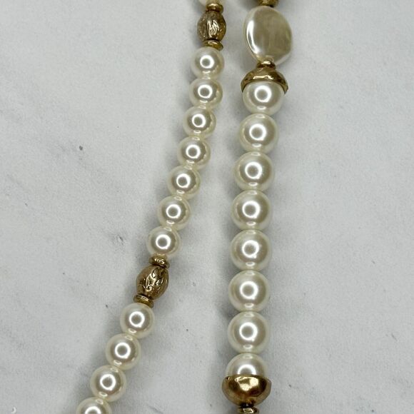 Chico's Layered Double Strand Chunky Faux Pearl Beaded Long Gold Tone Necklace - Picture 6 of 14